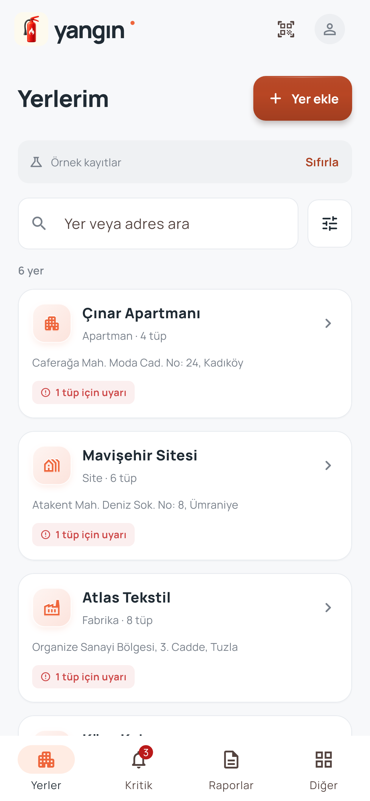 Yangın: Feuerlöscher place list and extinguisher alerts